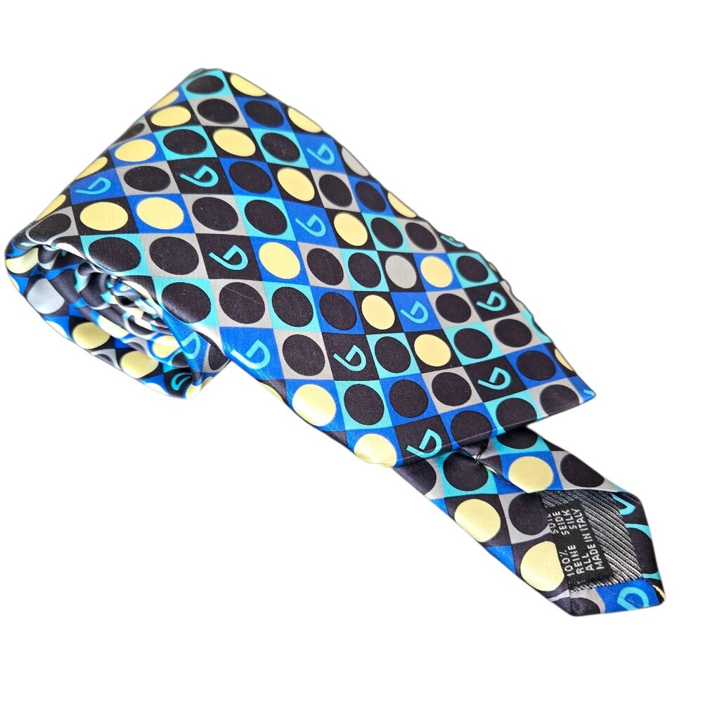 Byblos Men's 100% Silk Tie Made in Italy Blue Yellow Polka Dot Geometric Pattern
